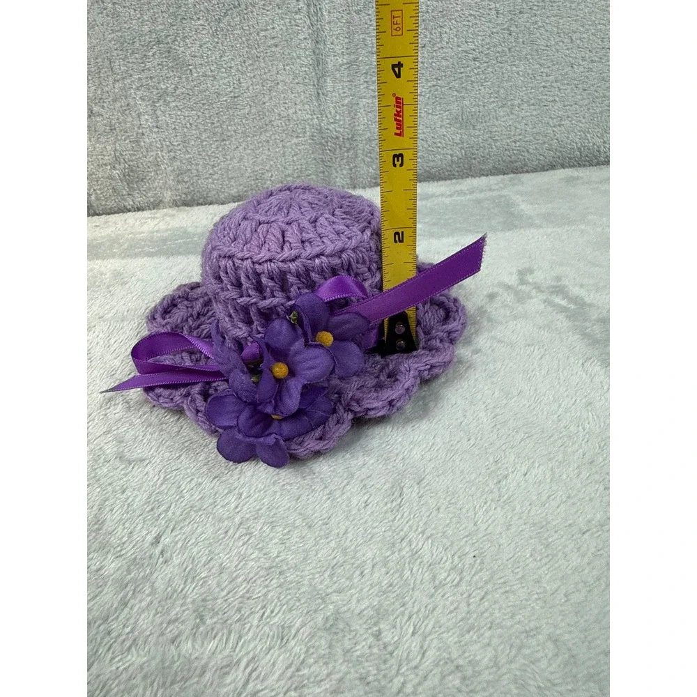 Handmade Purple Crochet Miniature Sun Hat Floral Ribbon Decoration Only 5.5 Inch